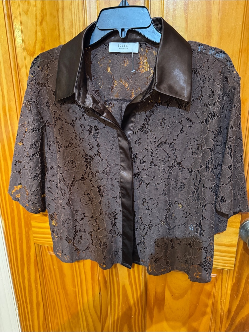 Eclectic Treasures Brown Lace Button-Front Top with Faux Leather Trim